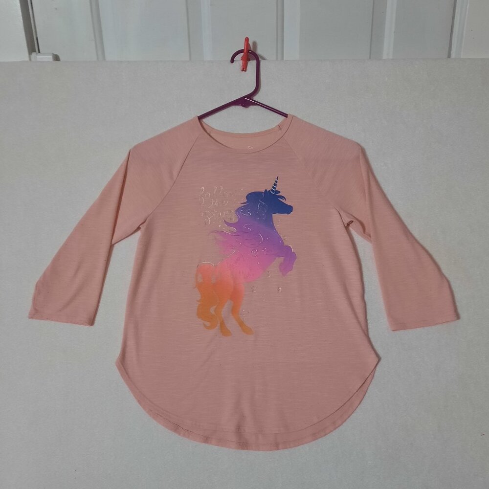 SO Girls Follow the Stars Pink Unicorn Big Graphic Raglan Tee - Size 10-12, L